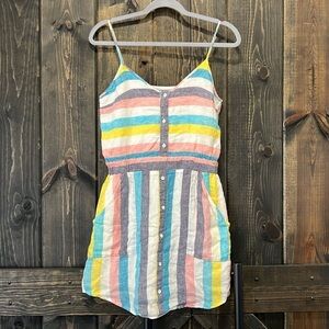 Splendid x Gray Malin Linen Mini‎ Dress S Striped Pockets Easter Colorful Boho